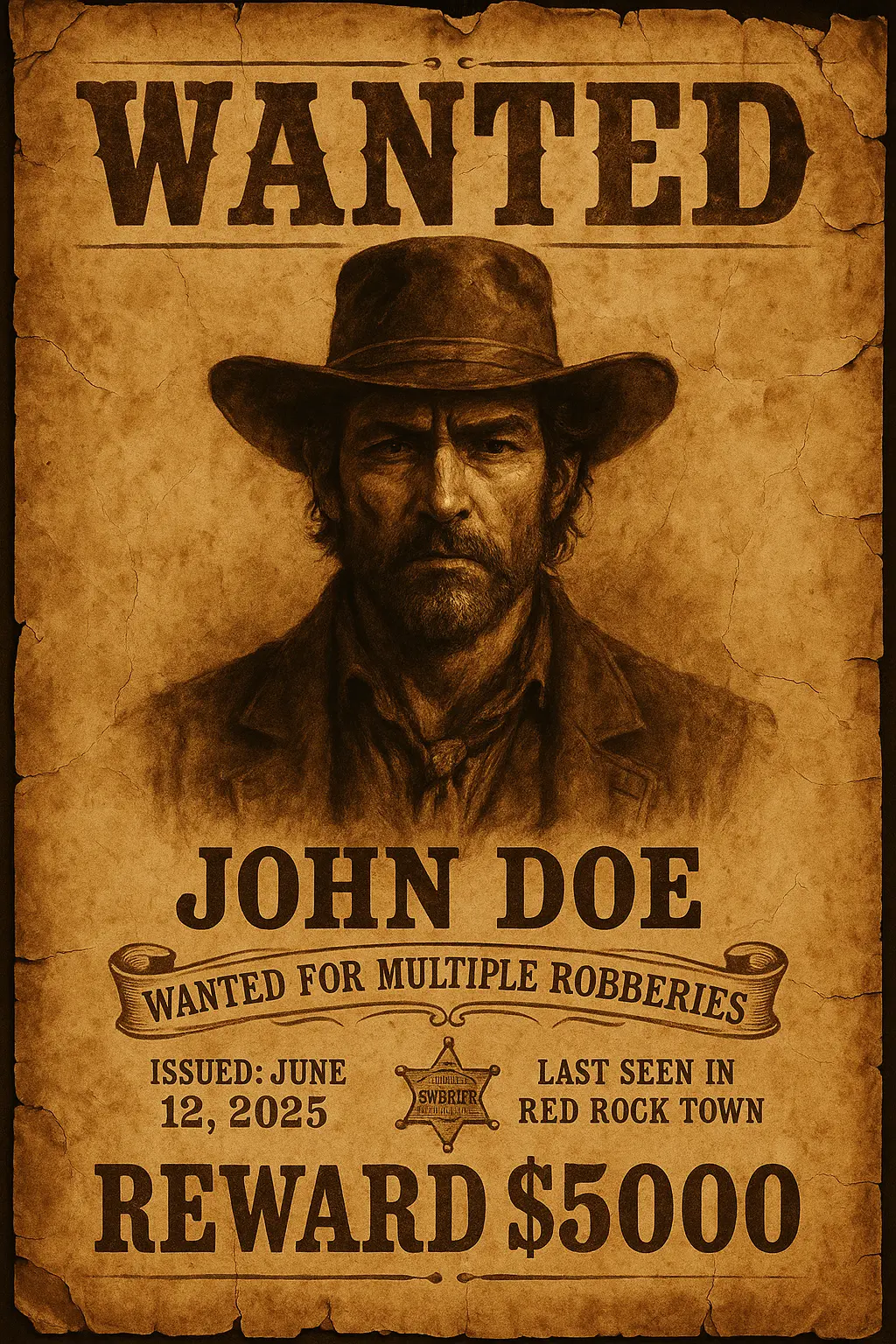 Wanted Poster template with a rugged male outlaw and reward details