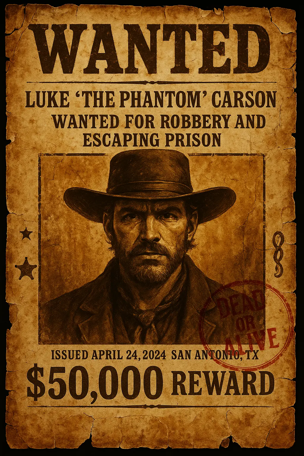 Wanted Poster template for 'Luke 'The Phantom' Carson' with a $50,000 bounty.