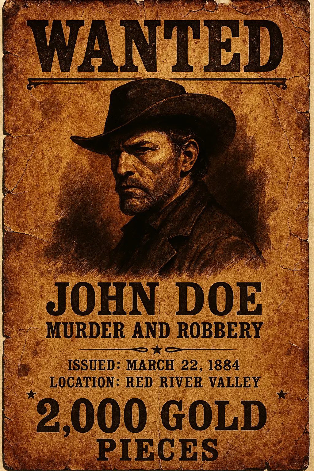 Vintage wanted poster template featuring a rugged man with a serious expression and bold 'WANTED' headline.