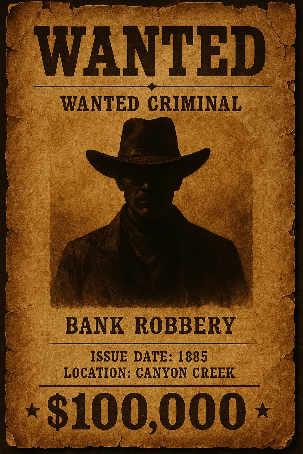 Wanted Poster template featuring cowboy silhouette and $100,000 reward