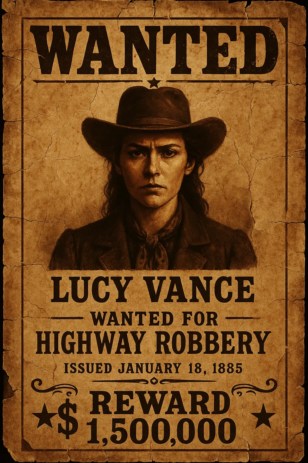 Vintage western Wanted Poster template featuring woman, reward, and crime details