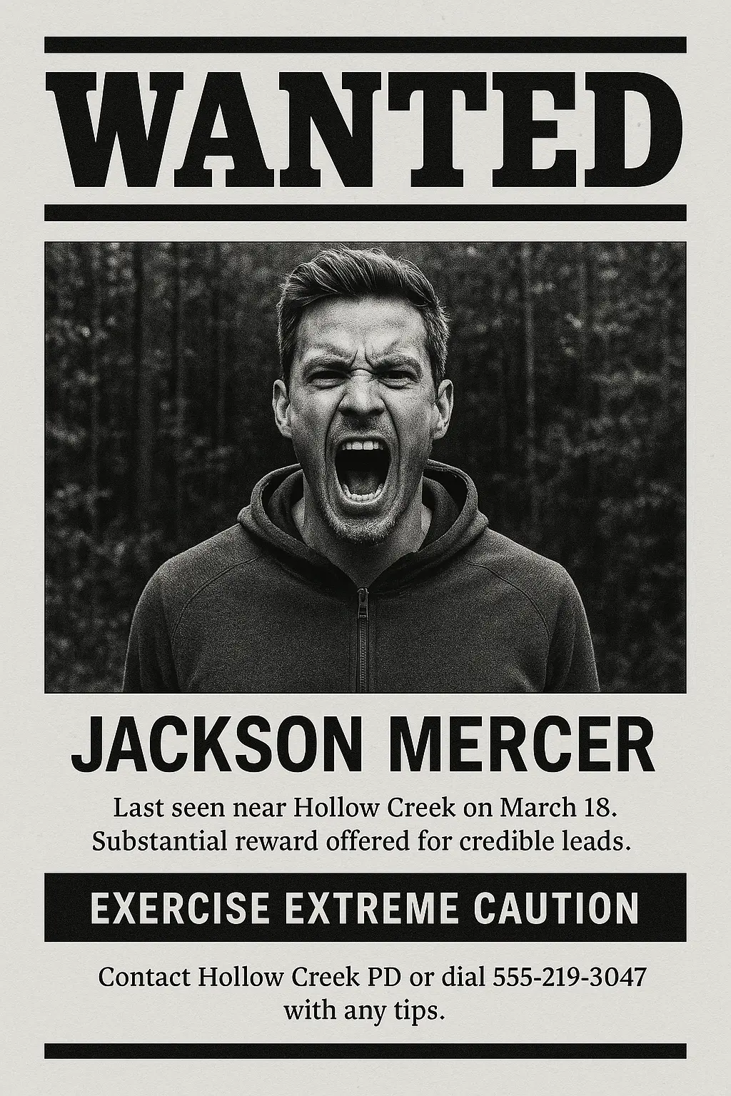 Modern Wanted Poster template with angry man shouting