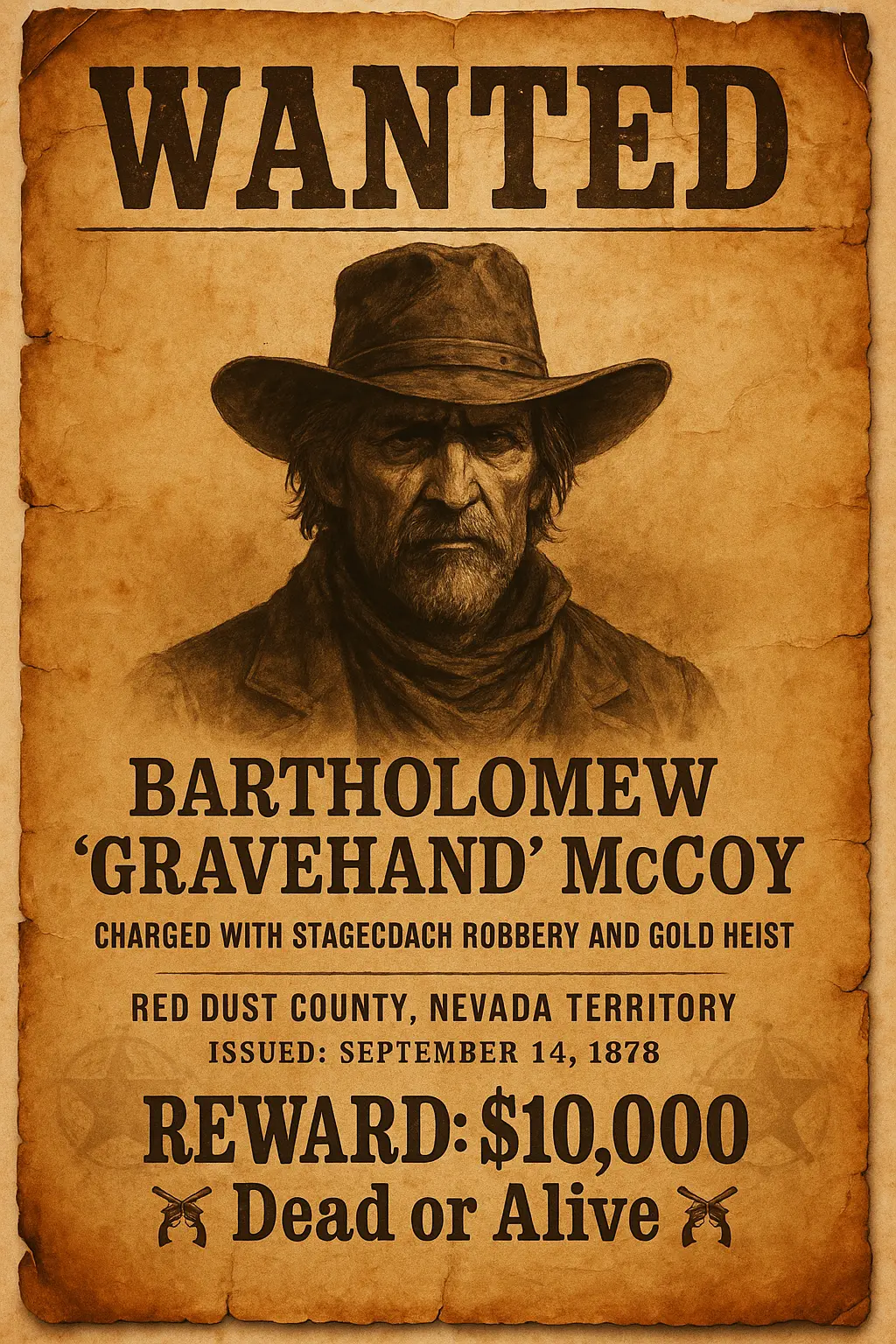 Vintage Wanted Poster template with outlaw portrait and bounty