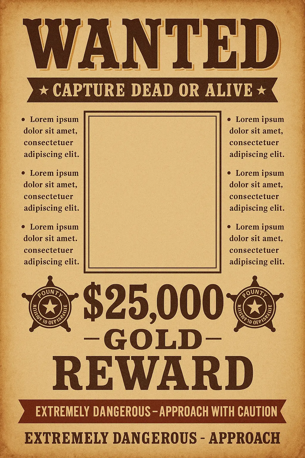 Vintage Wanted Poster template with reward and sheriff badges
