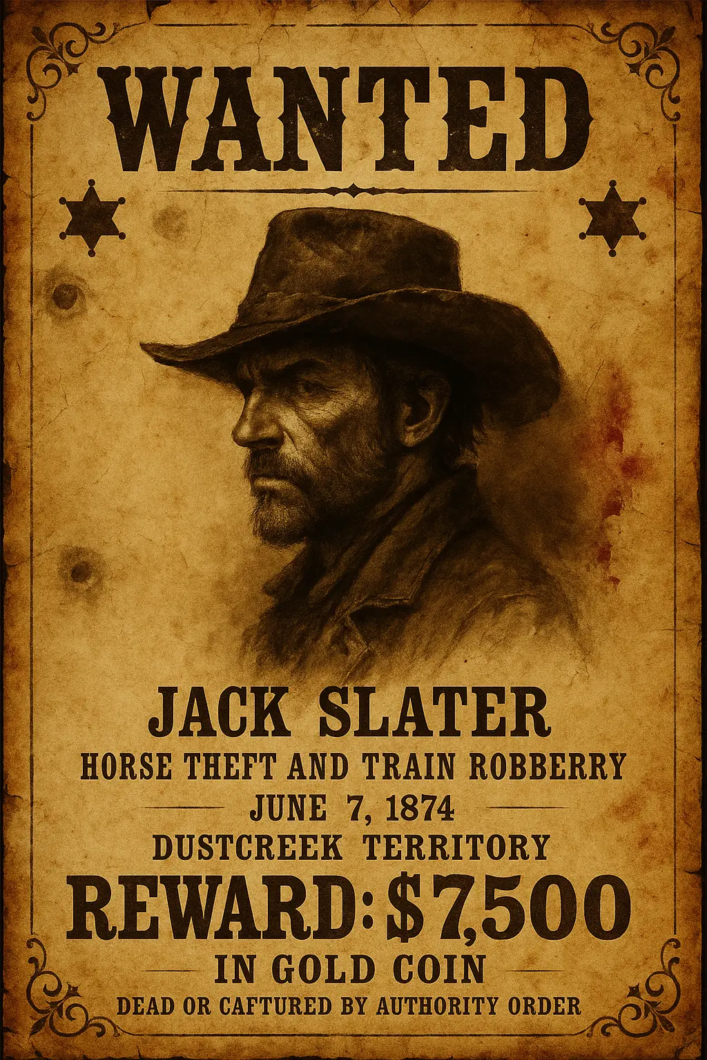 Vintage Wanted Poster template with outlaw and bold reward