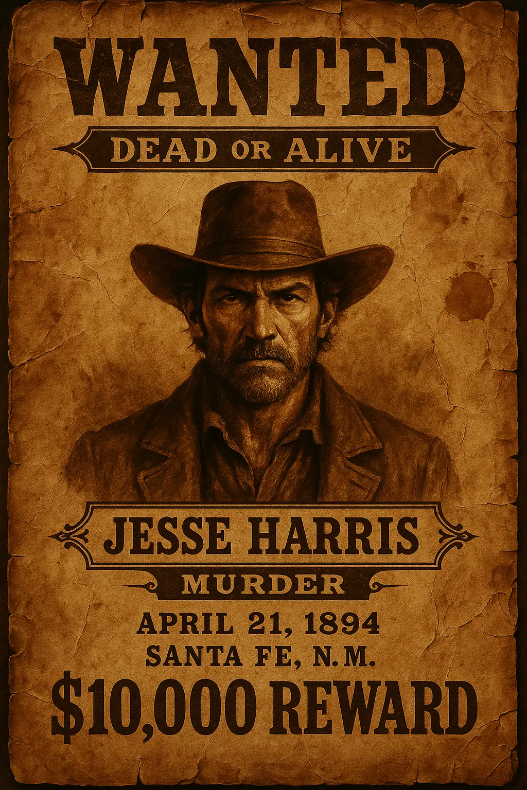 Vintage western Wanted Poster template featuring rugged outlaw portrait.