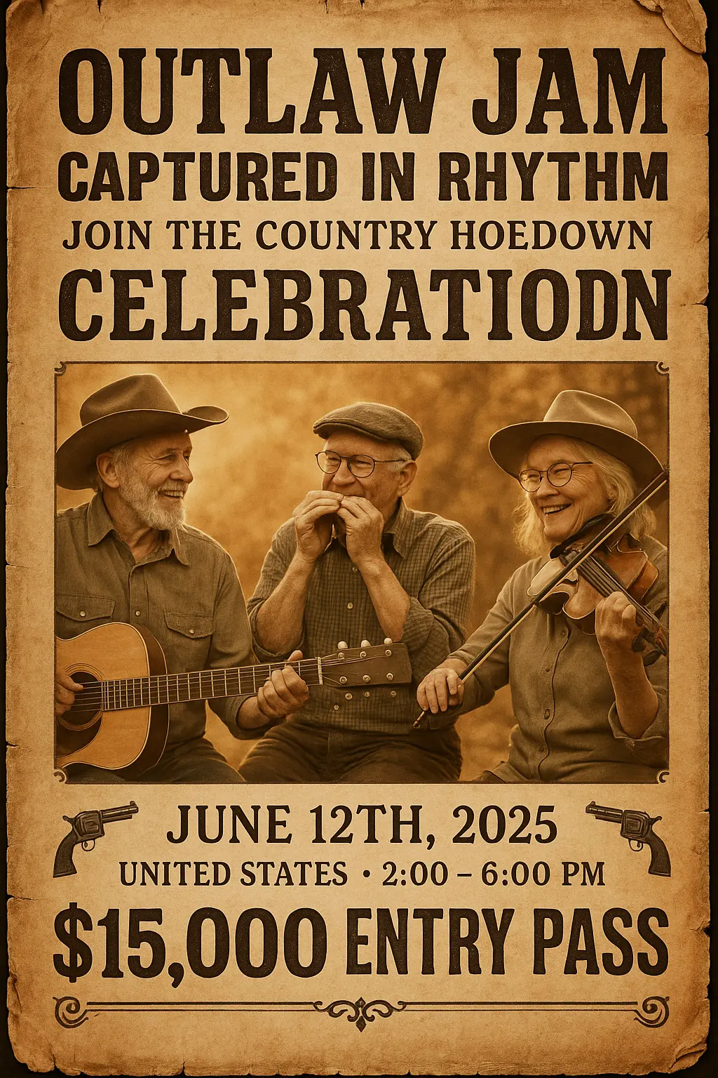 Vintage Wanted Poster template with musicians and bold western fonts