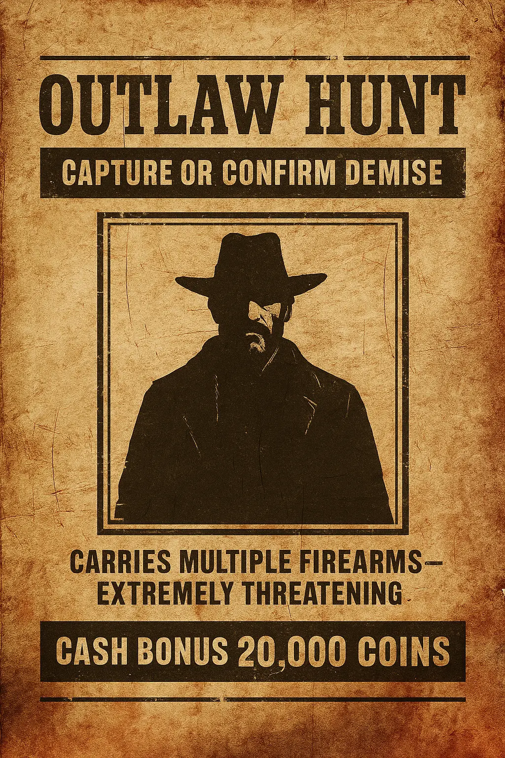 Vintage Wanted Poster template with bold reward and outlaw frame