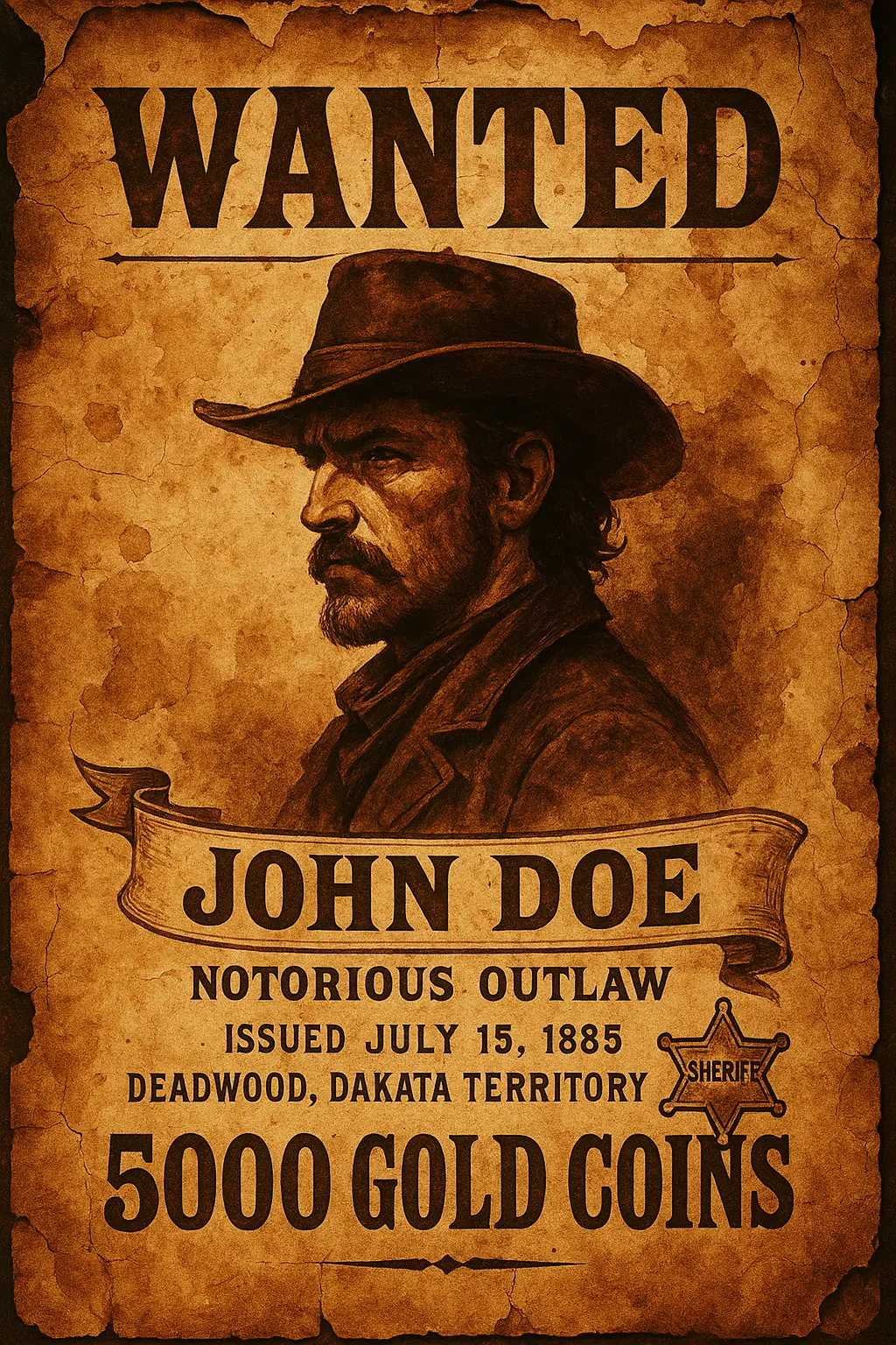 Wanted Poster template featuring an outlaw with bounty and crime details.