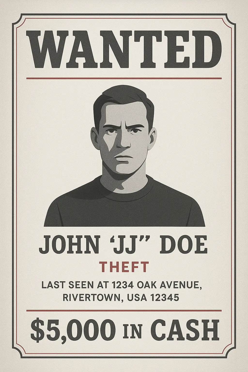 Wanted Poster template featuring a serious expression with a bounty of $5,000.