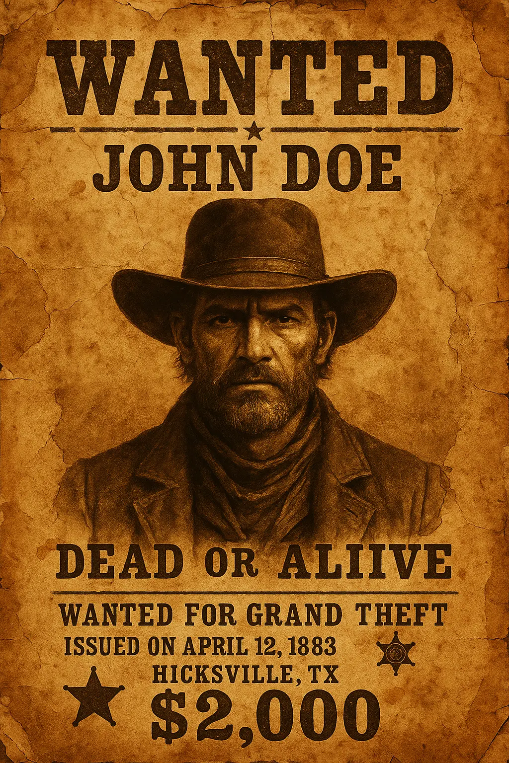Vintage Wanted Poster template featuring outlaw portrait and $2,000 bounty