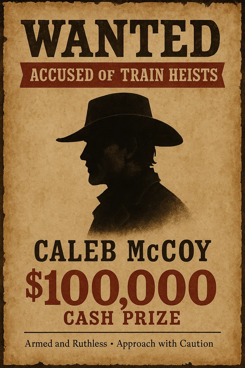 Vintage Wanted Poster template with outlaw silhouette and reward
