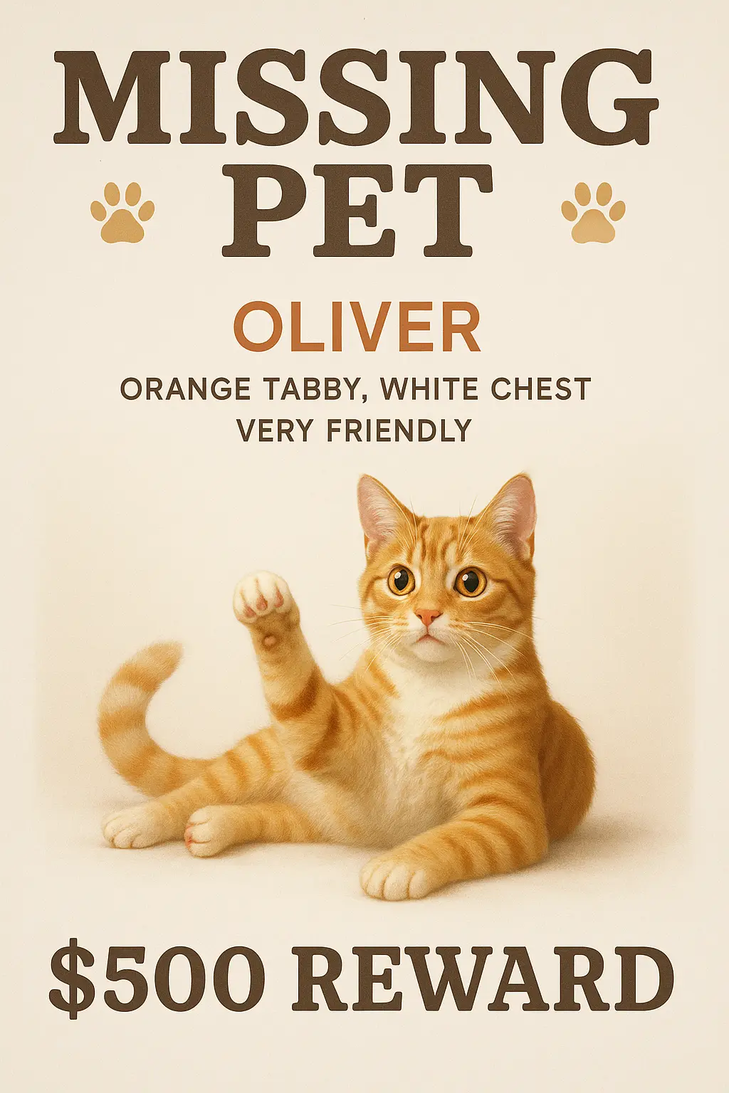 Missing pet poster template featuring a cat with a reward