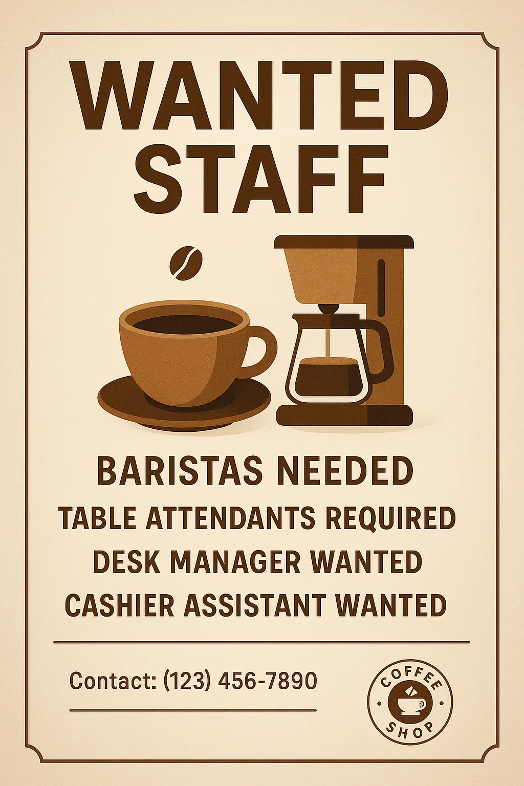 Wanted Poster template featuring coffee-related job listings and contact information