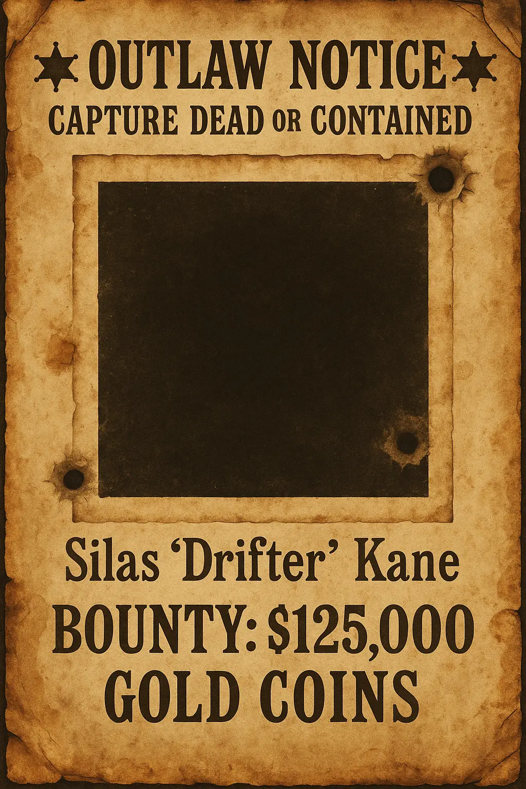 Vintage Wanted Poster template with bullet holes and reward text