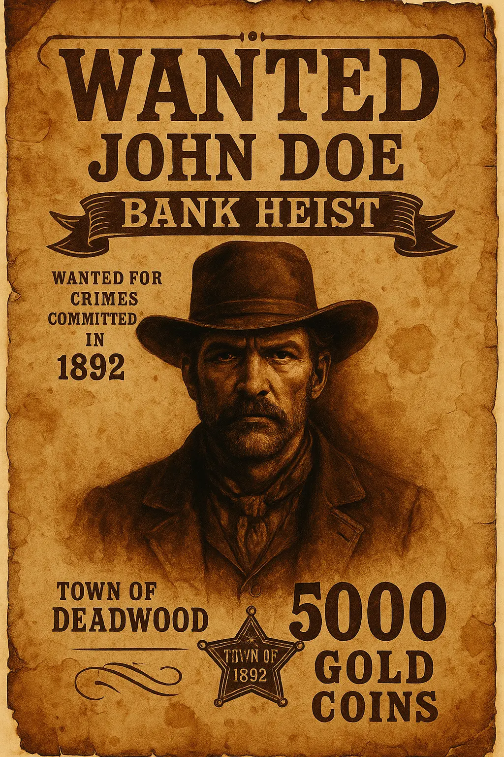 Wanted Poster template with outlaw portrait and reward details