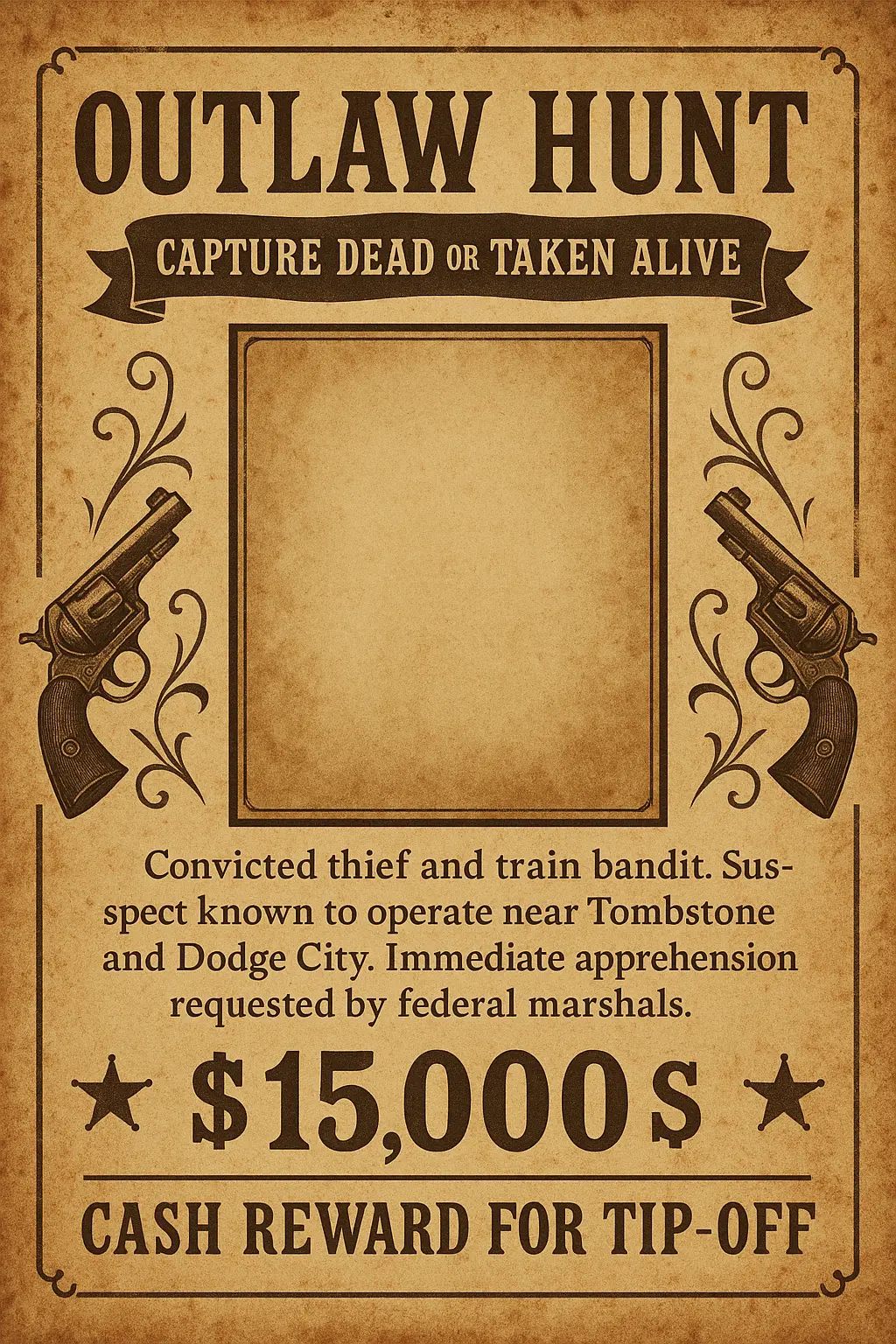 Vintage Wanted Poster template with guns, reward, and western design