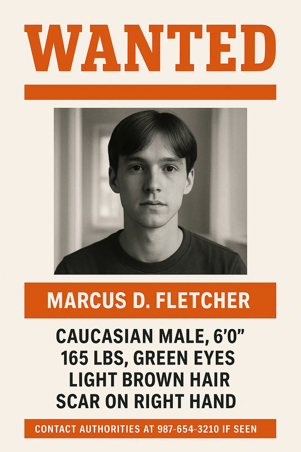 Modern Wanted Poster template with bold orange design and portrait