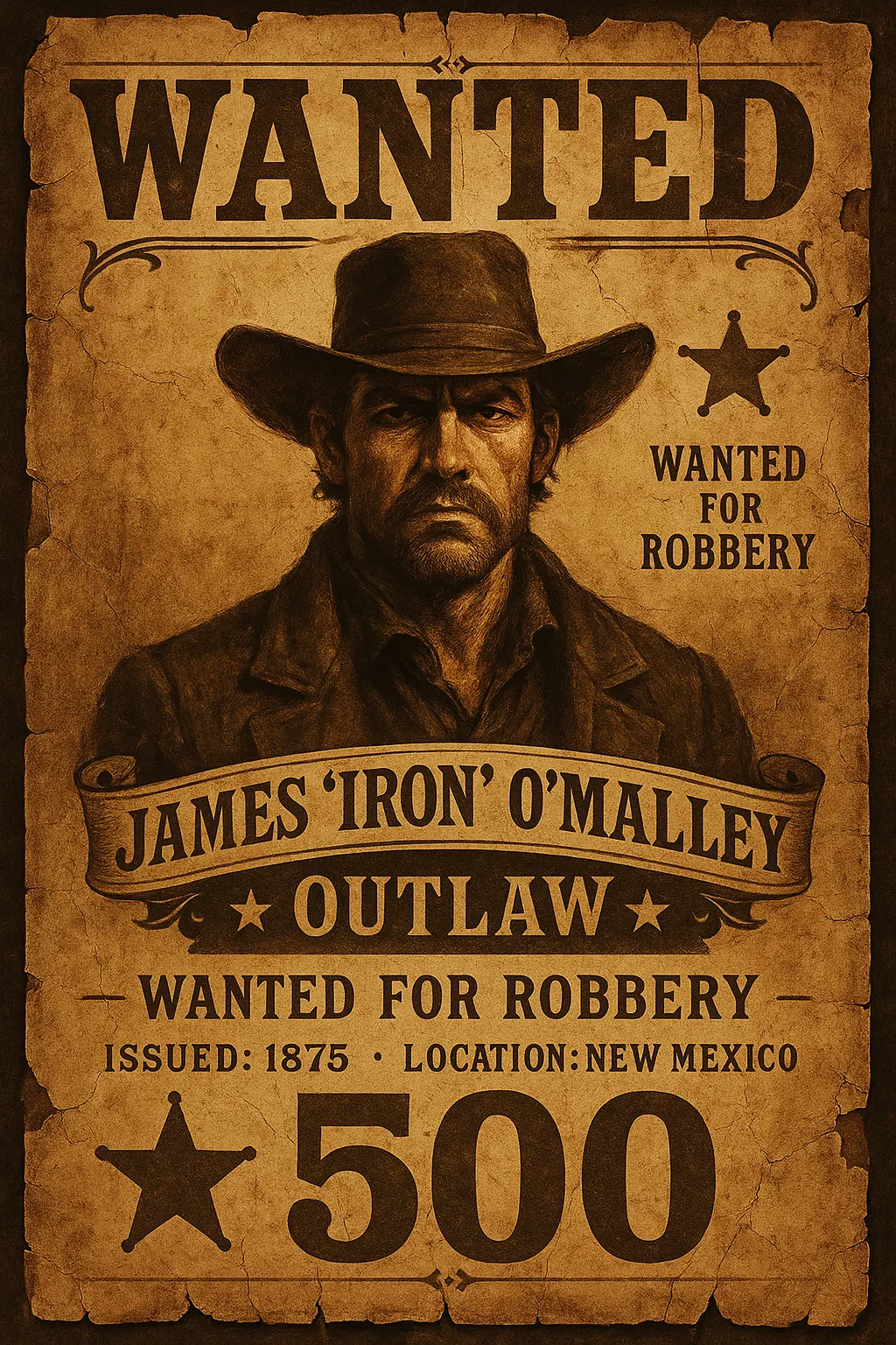 Wanted Poster template featuring a cowboy outlaw with $500 bounty
