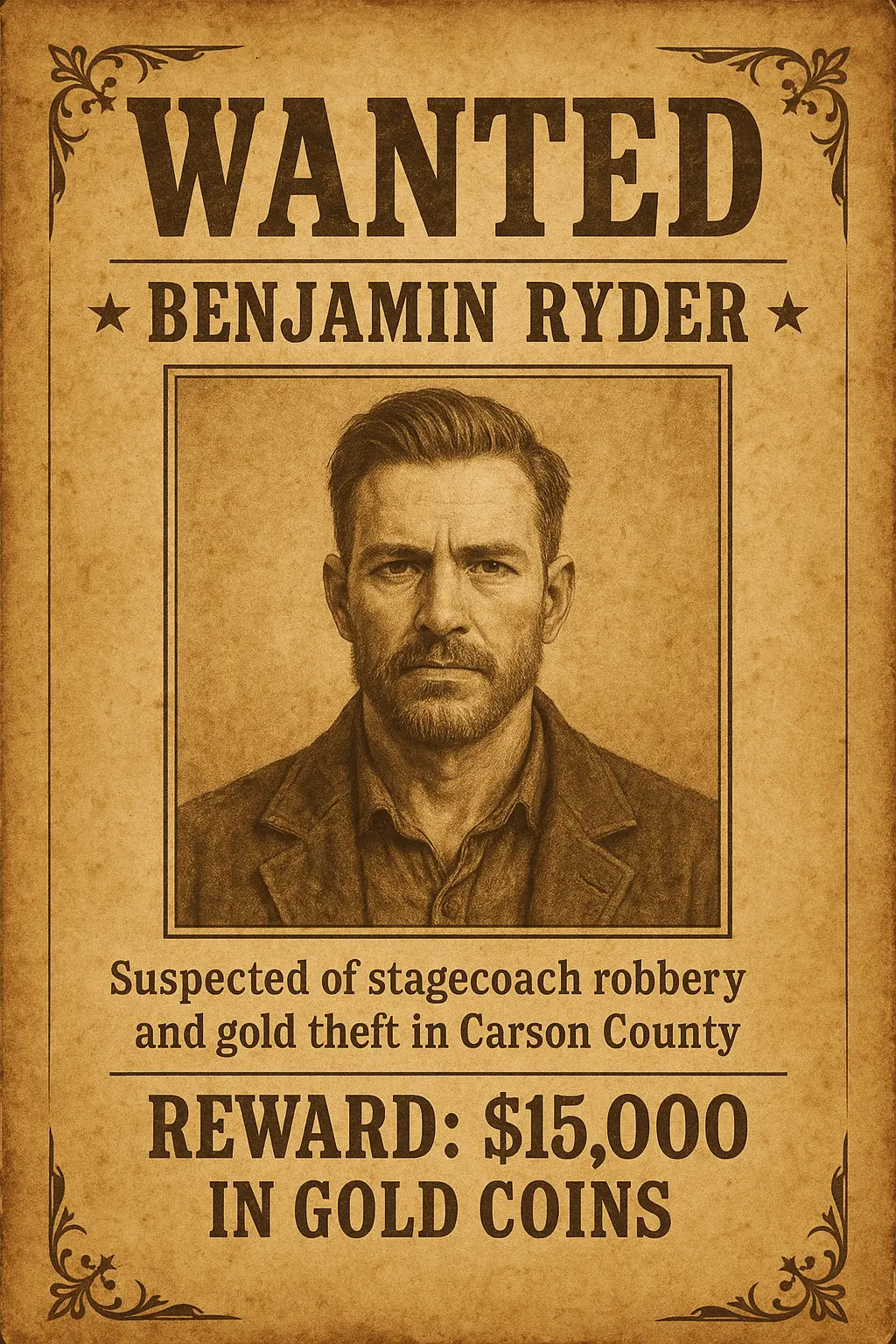 Vintage Wanted Poster template with sepia-toned bearded man
