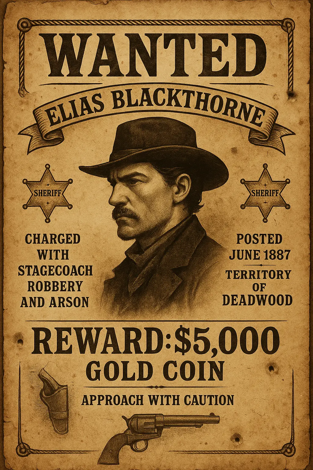 Vintage Wanted Poster template with outlaw portrait and reward