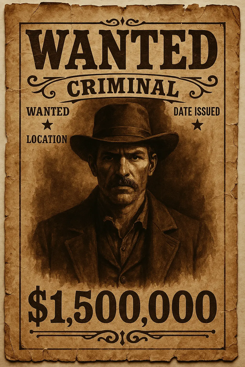 Wanted Poster template with vintage western design, bold text and distressed edges