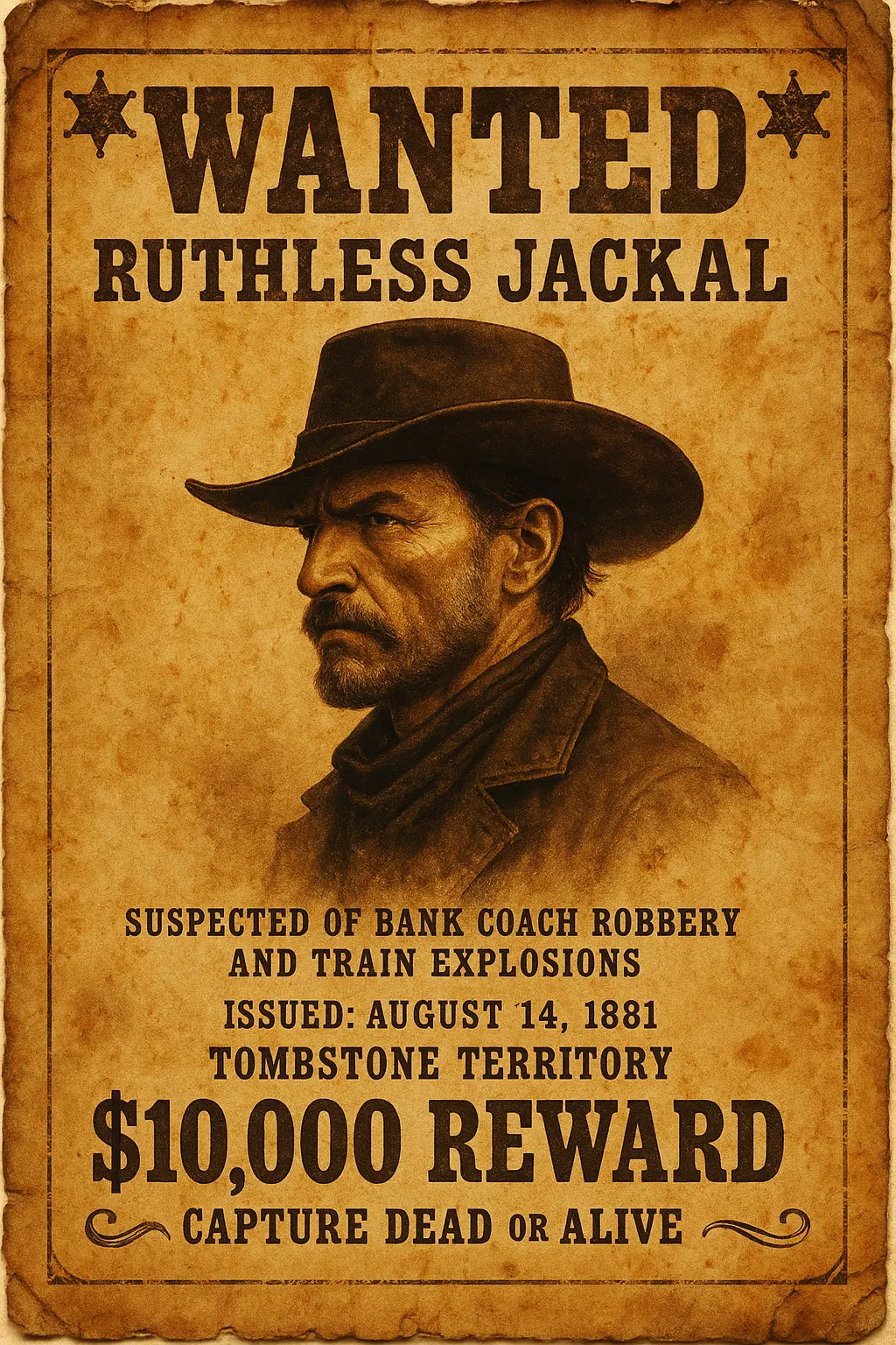 Vintage Wanted Poster template with outlaw portrait and reward