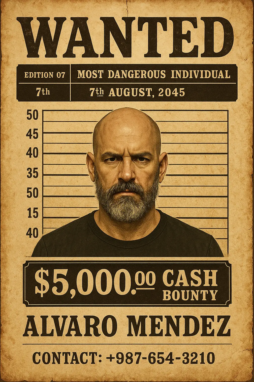 Vintage Wanted Poster template with bold text and mugshot