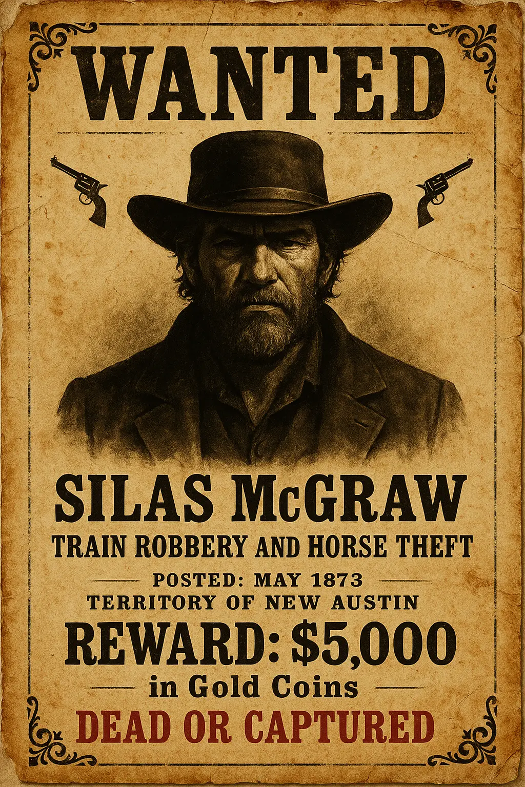 Vintage Wanted Poster template with outlaw portrait and reward
