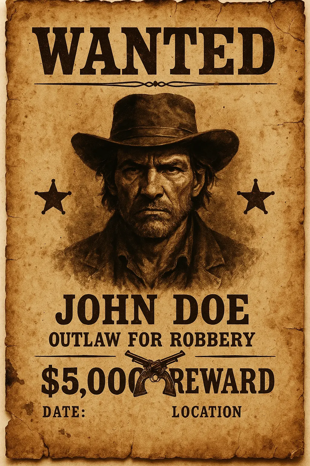 Wanted Poster template featuring rugged man, vintage western style