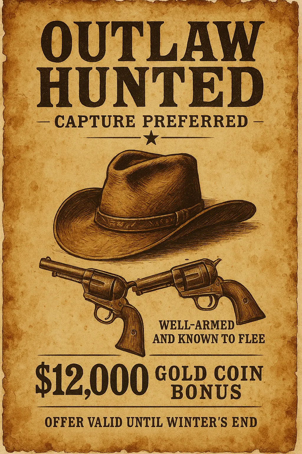Vintage Wanted Poster template with cowboy hat and revolvers