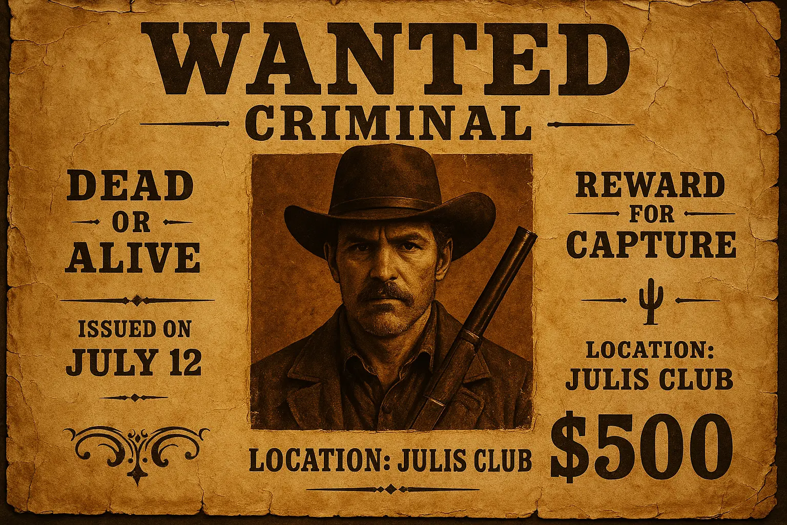 Vintage Wanted Poster template with cowboy portrait and reward