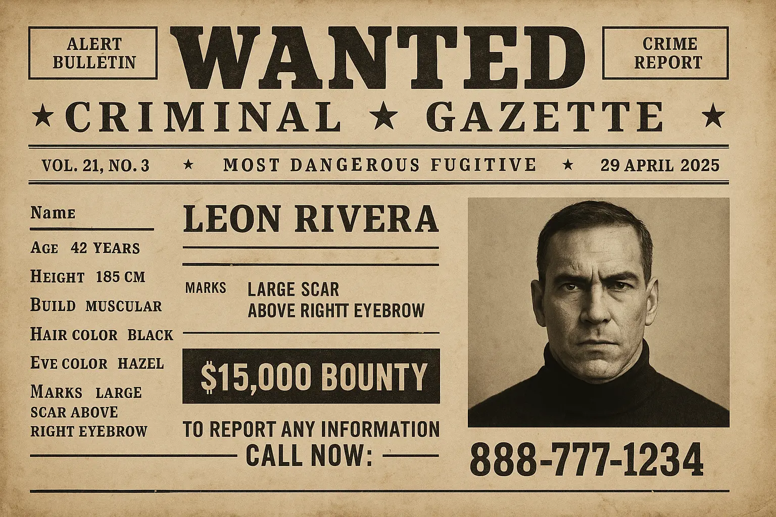 Vintage Wanted Poster template with guns, reward, and western design