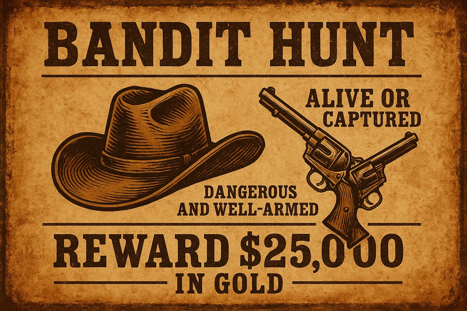Vintage Wanted Poster template with outlaw and sepia tones