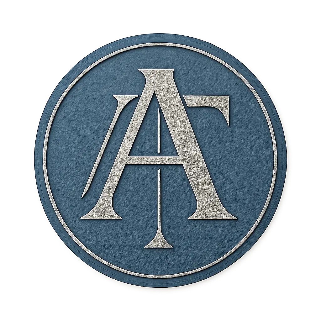 Circular Logo template with intertwined 'A' and 'T' in blue and silver