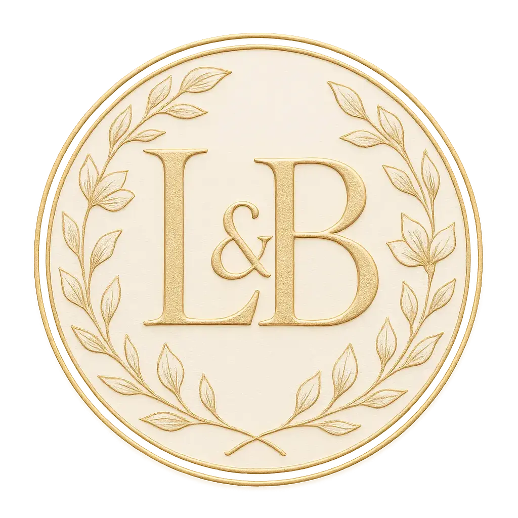 Circular Logo template featuring an intertwined monogram 'L' and 'B' with floral accents.