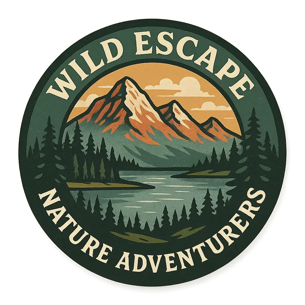 Circular Logo template with mountains, lake, and forest