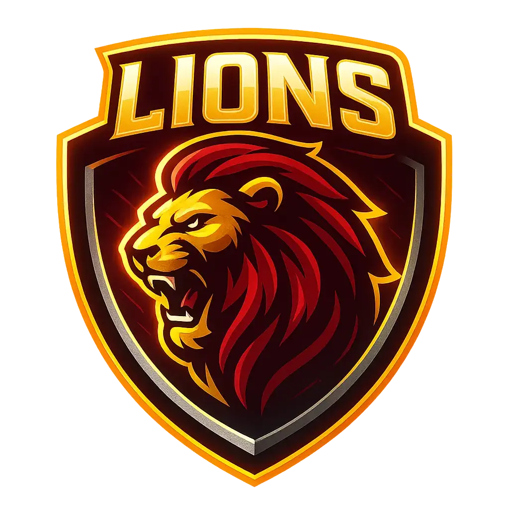 Sports Logo template featuring a dynamic lion mascot in a bold red, gold, and silver shield design