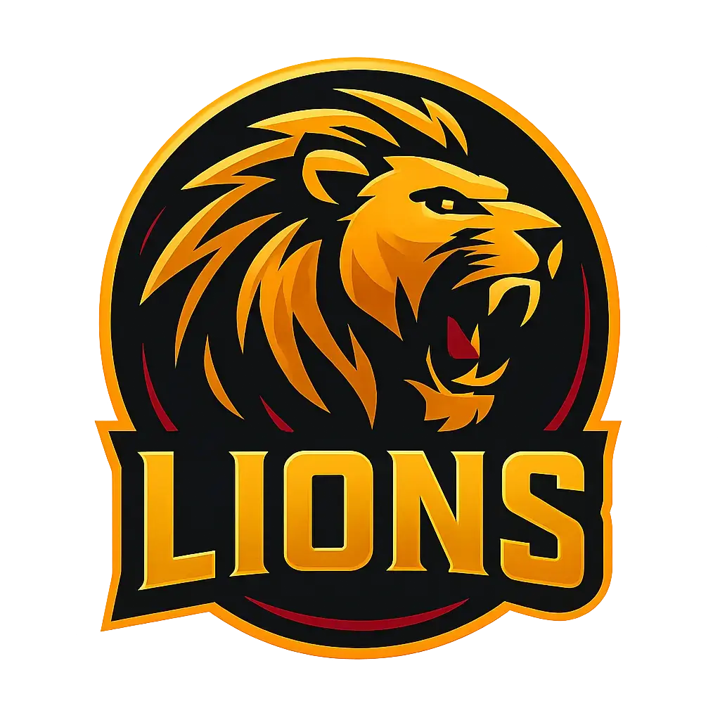 Sports Logo template featuring a lion in gold, crimson, and black
