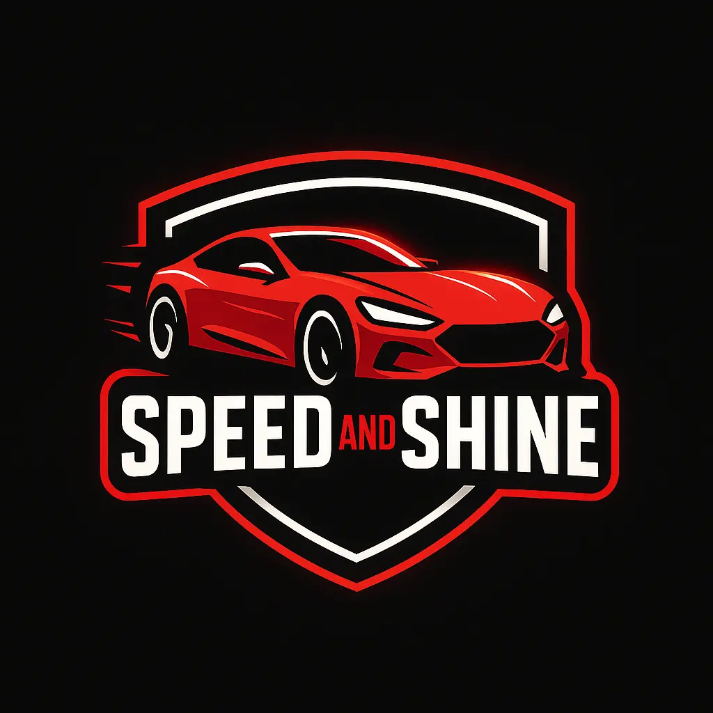 Sports Logo template with stylized car, bold Speed and Shine text