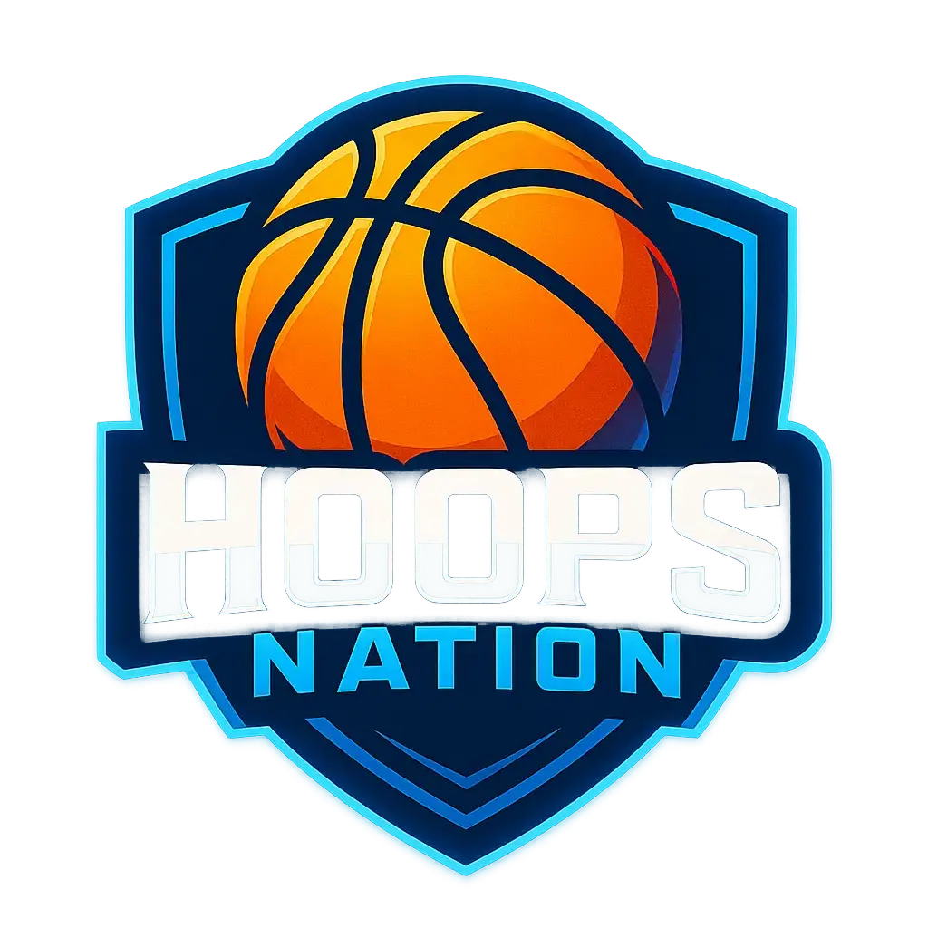 Sports Logo template featuring a stylized basketball with 'HOOPS NATION' wordmark
