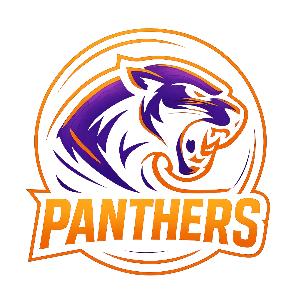 Sports Logo template with fierce panther, purple, orange, gold