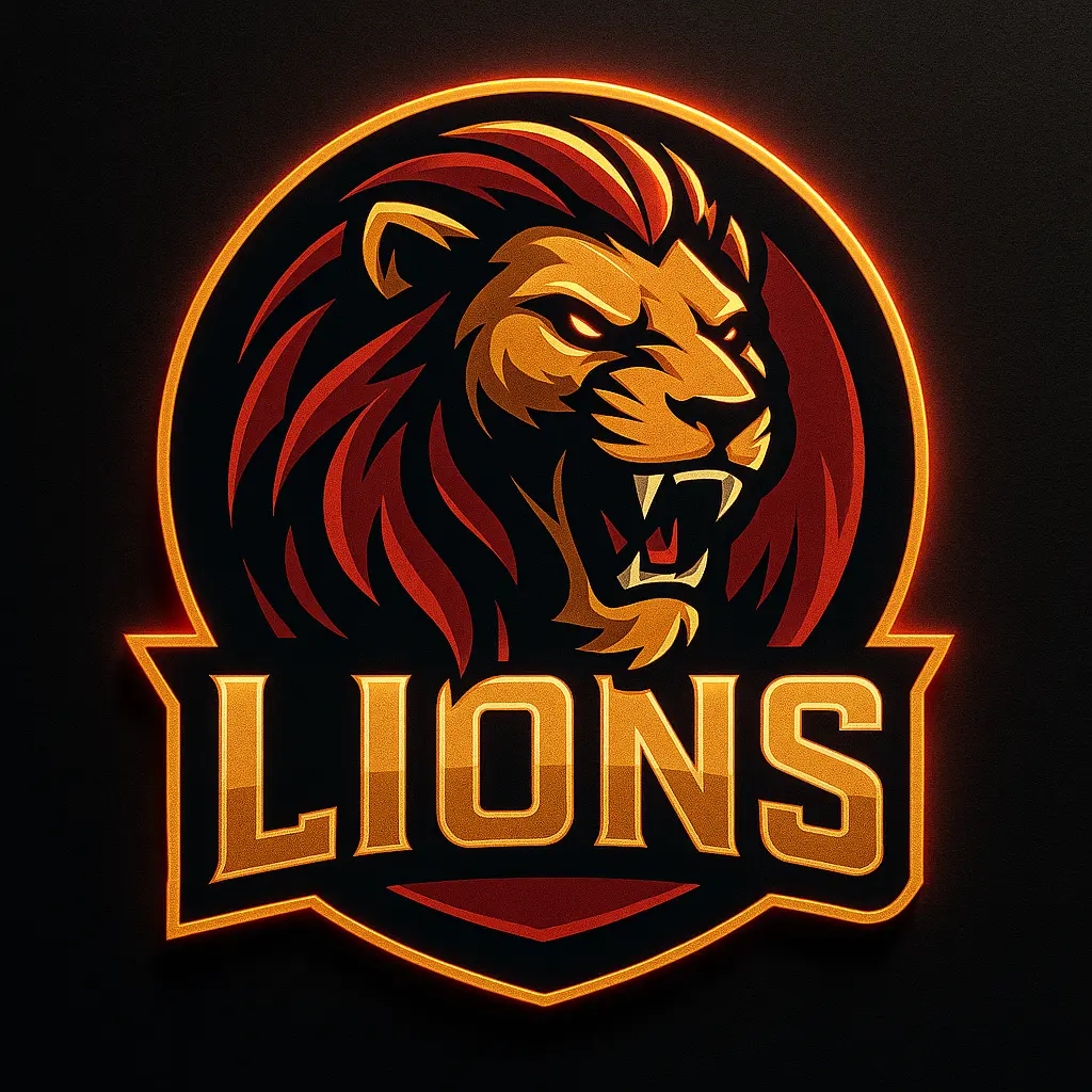 Sports Logo template featuring a fierce lion with bold red and gold accents