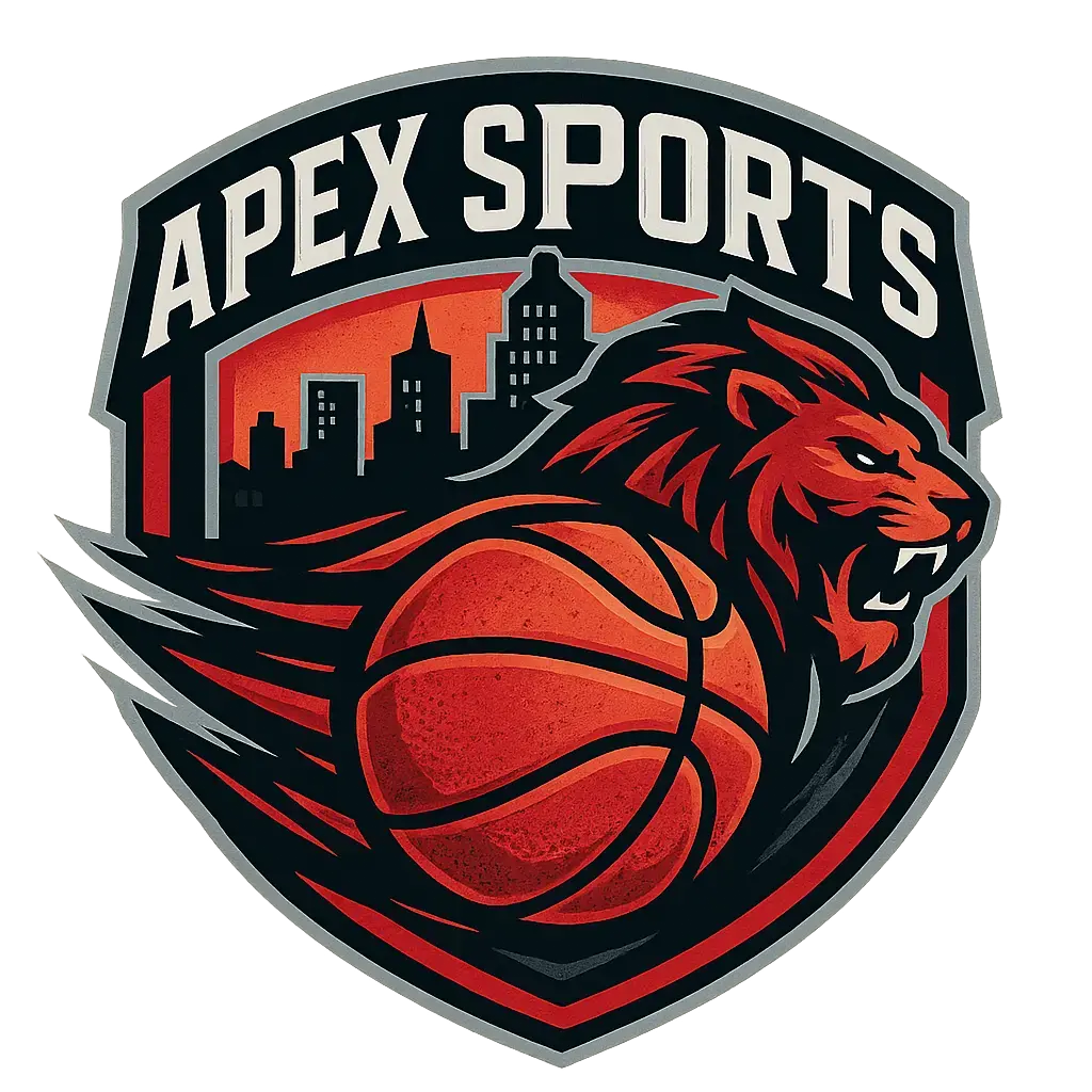 Basketball Logo template with dynamic lion mascot and city skyline