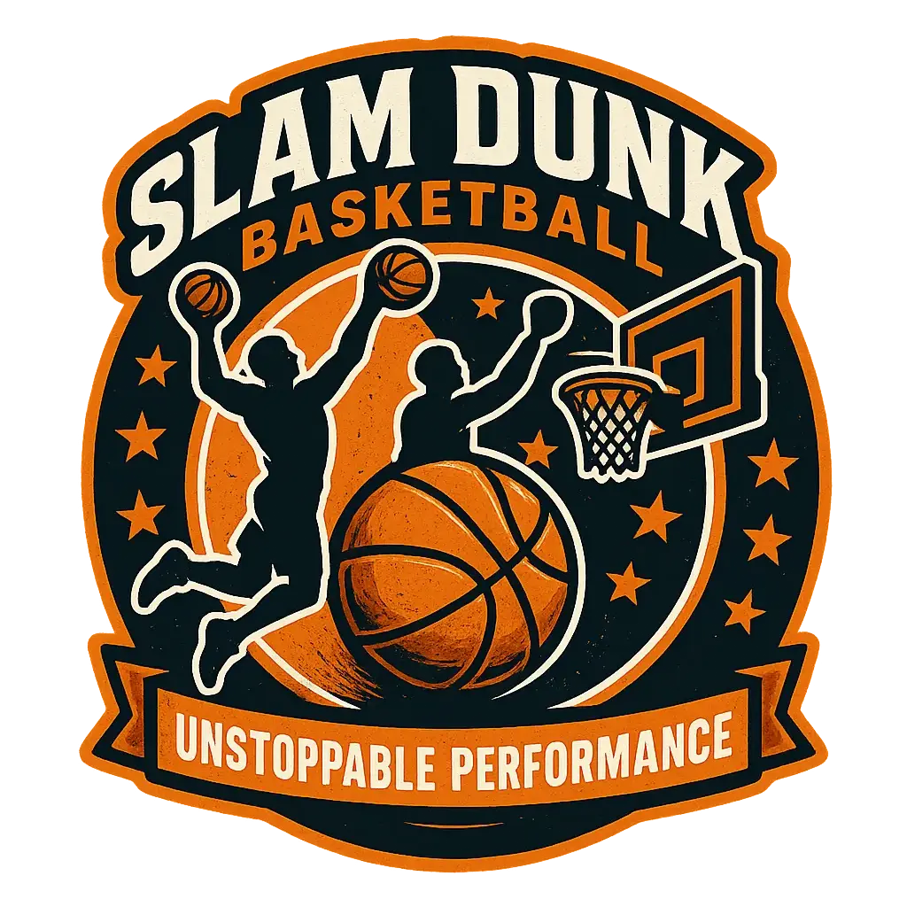 Basketball Logo template with dynamic silhouettes of players dunking and shooting