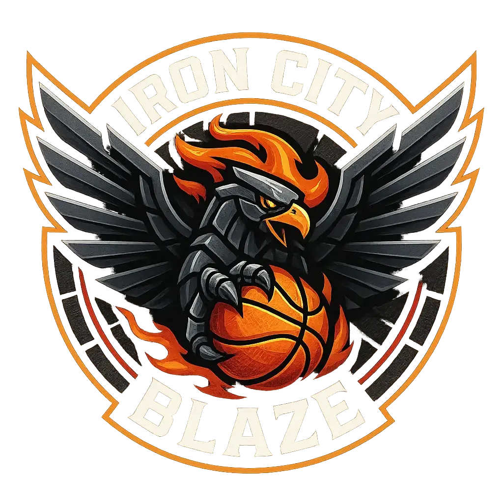 Bold cartoon Basketball Logo template with flaming eagle and arch text