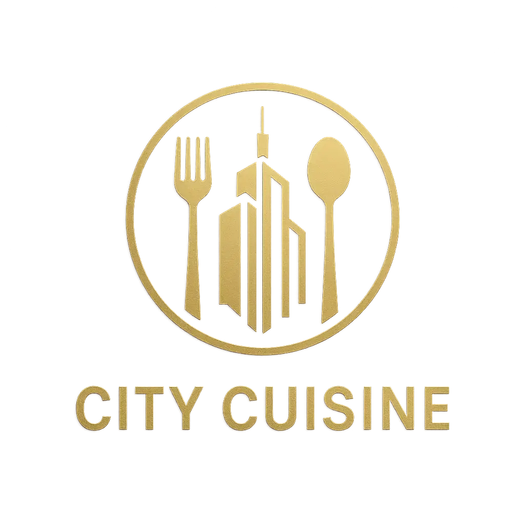Restaurant Logo template with urban design and gold culinary tools