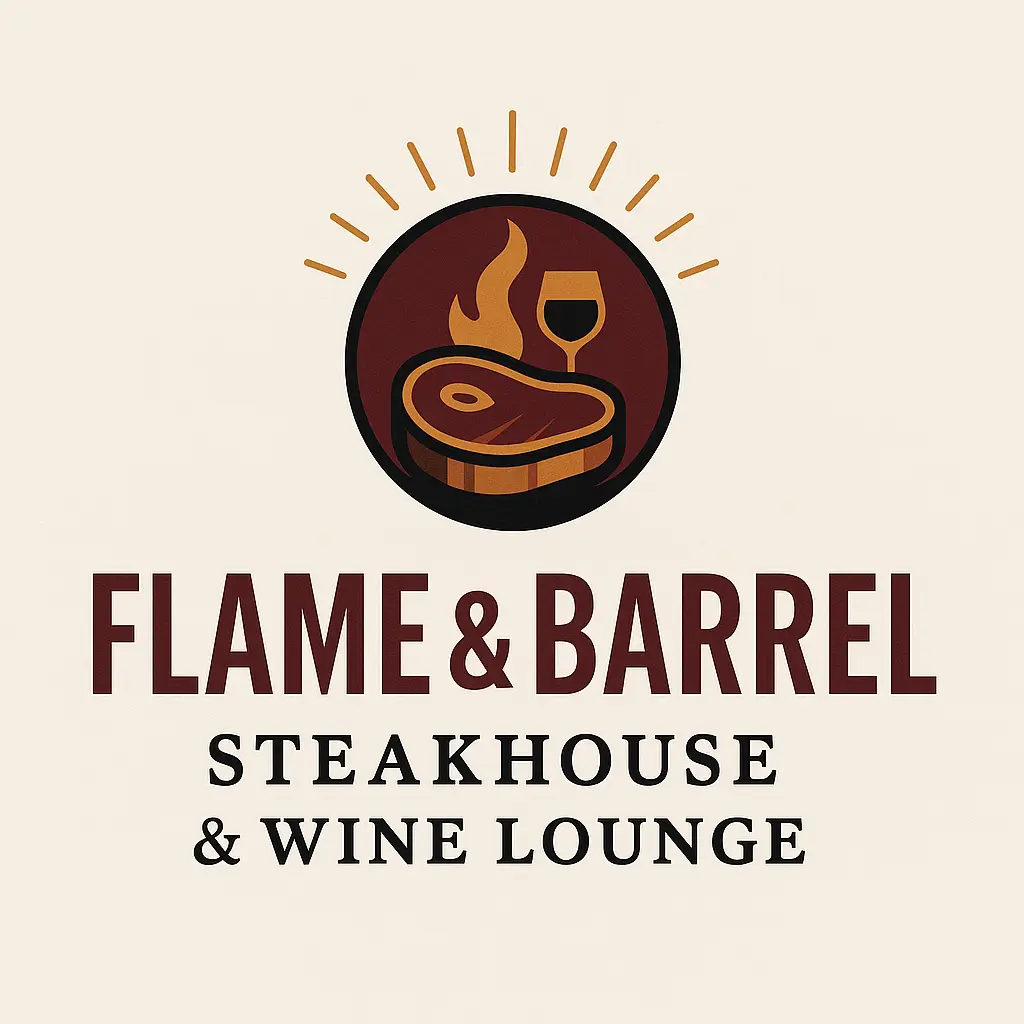 Restaurant Logo template with flame, steak, and wine glass icon