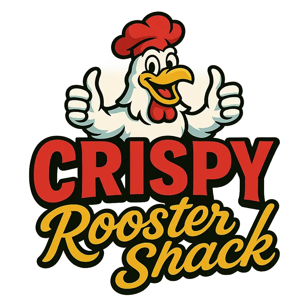 Restaurant Logo template with smiling chicken mascot and bold red text
