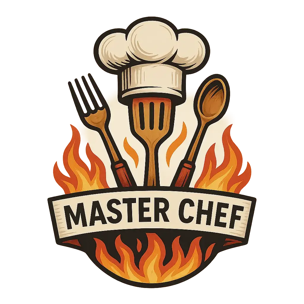 Restaurant Logo template with chef hat, utensils, and flame